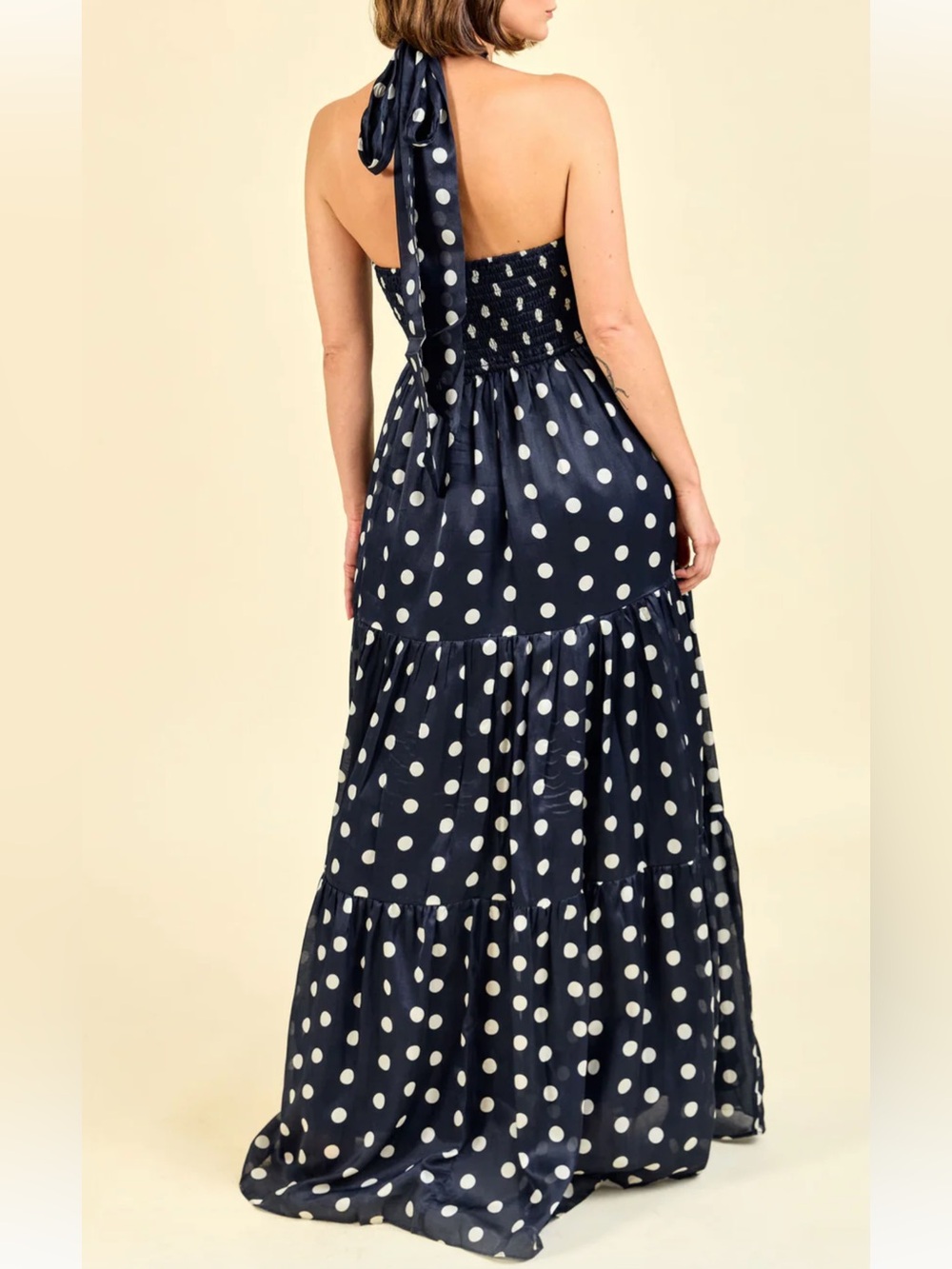 Women’s Navy Polka Dot Halter Maxi Dress - Picture 2 of 5